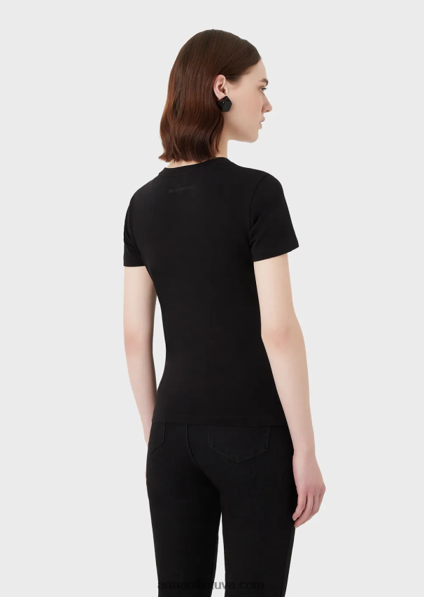moterys juodas Armani ekologiški tamprūs marškinėliai su įvairiaspalviu logotipo siuvinėjimu 02482X460