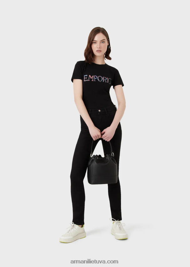 moterys juodas Armani ekologiški tamprūs marškinėliai su įvairiaspalviu logotipo siuvinėjimu 02482X460
