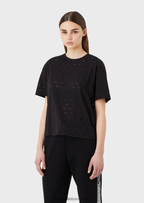 moterys juodas Armani kelionės būtiniausius daiktus dengiantys „Devore-jersey“ erelio marškinėliai 02482X445