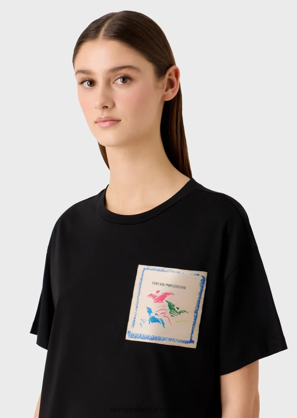 moterys juodas Armani lengvi ekologiško trikotažo marškinėliai su kolekcijos logotipu 02482X439