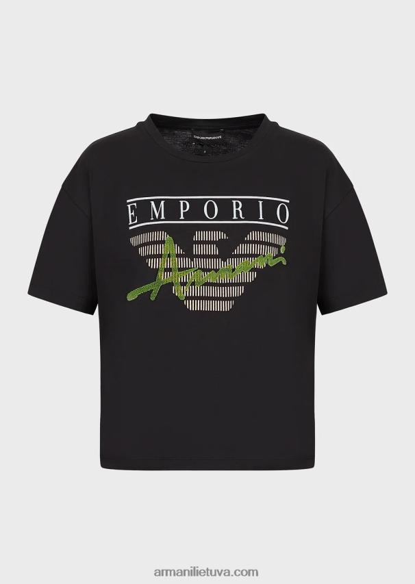 moterys juodas Armani lengvi ekologiško trikotažo marškinėliai su reljefiniais audinio raštais ir logotipo spauda 02482X432