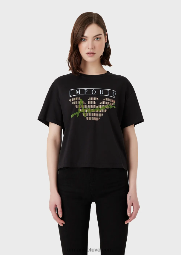 moterys juodas Armani lengvi ekologiško trikotažo marškinėliai su reljefiniais audinio raštais ir logotipo spauda 02482X432