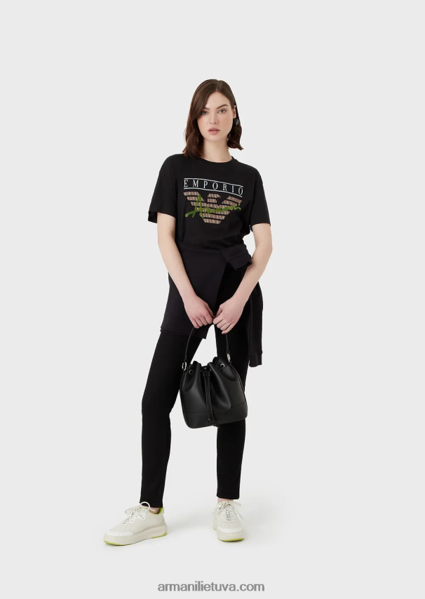 moterys juodas Armani lengvi ekologiško trikotažo marškinėliai su reljefiniais audinio raštais ir logotipo spauda 02482X432