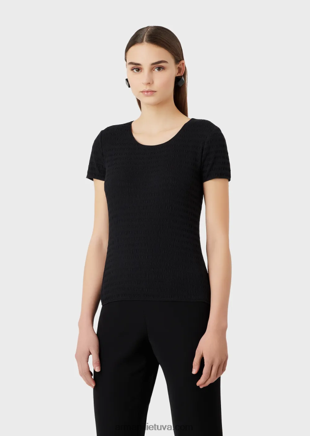 moterys juodas Armani megztinis trumpomis rankovėmis iš ekologiško reljefinio žakardo megztinio 02482X475