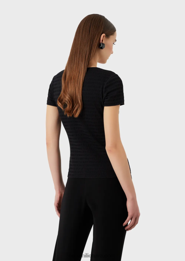 moterys juodas Armani megztinis trumpomis rankovėmis iš ekologiško reljefinio žakardo megztinio 02482X475