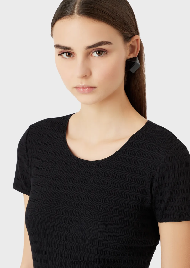 moterys juodas Armani megztinis trumpomis rankovėmis iš ekologiško reljefinio žakardo megztinio 02482X475