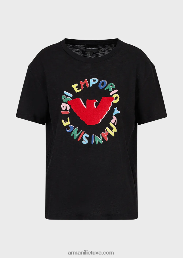 moterys juodas Armani slub-jersey marškinėliai su erelio raštais ir siuvinėjimais 02482X441