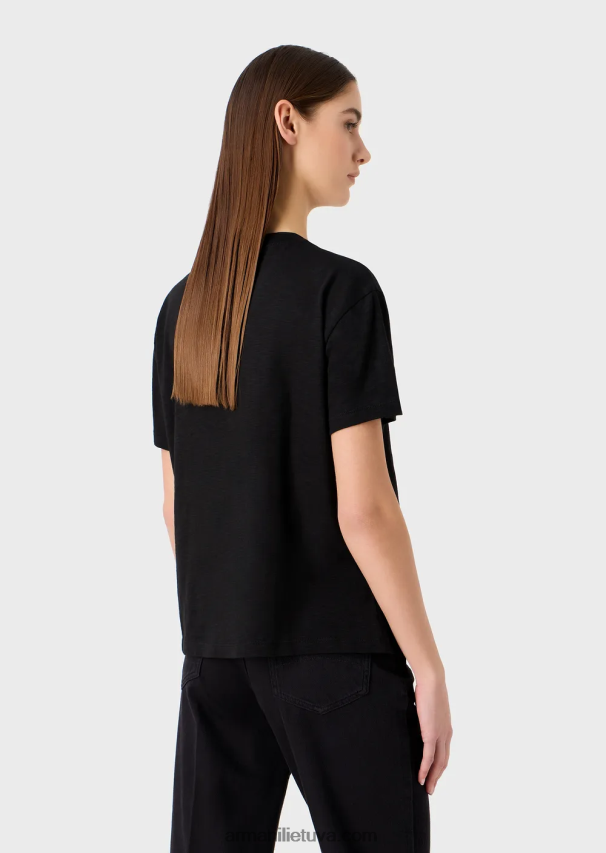 moterys juodas Armani slub-jersey marškinėliai su erelio raštais ir siuvinėjimais 02482X441