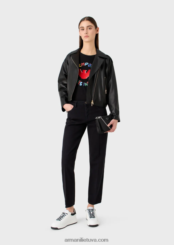 moterys juodas Armani slub-jersey marškinėliai su erelio raštais ir siuvinėjimais 02482X441