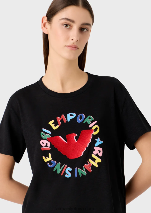 moterys juodas Armani slub-jersey marškinėliai su erelio raštais ir siuvinėjimais 02482X441