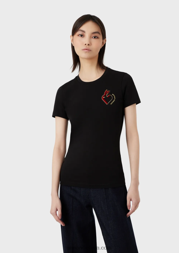 moterys juodas Armani tamprūs džersio marškinėliai su siuvinėjimais 02482X448