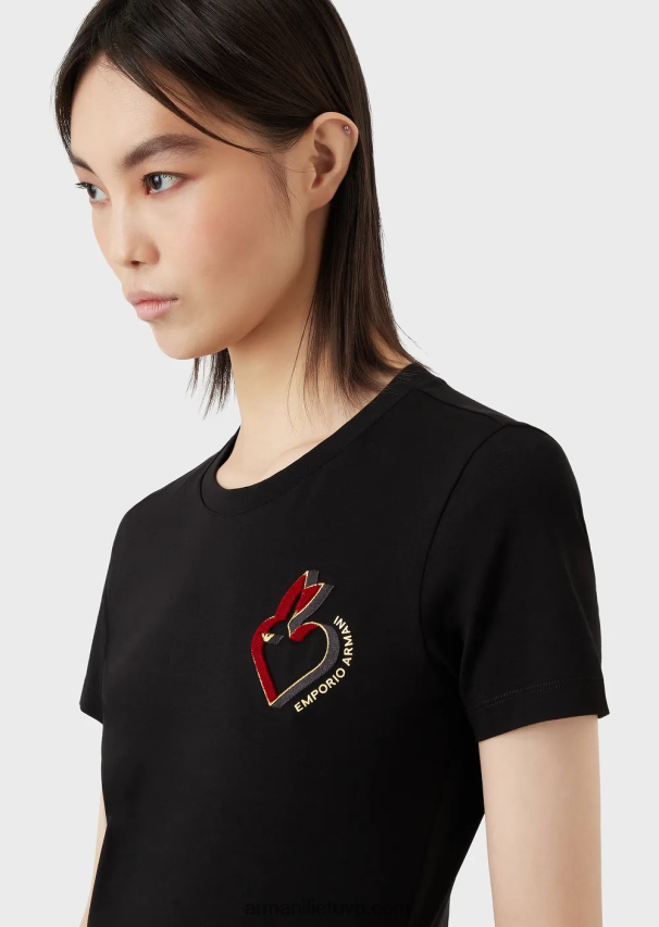 moterys juodas Armani tamprūs džersio marškinėliai su siuvinėjimais 02482X448