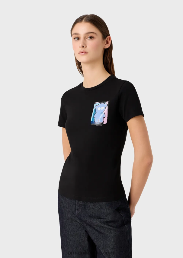 moterys juodas Armani tamprūs marškinėliai su manga meškiuko raštu 02482X453