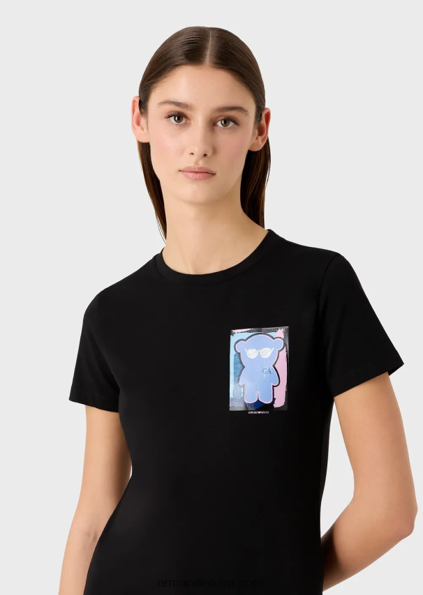 moterys juodas Armani tamprūs marškinėliai su manga meškiuko raštu 02482X453