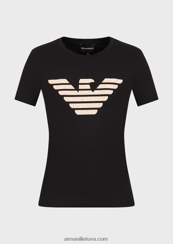 moterys juodas Armani tamprūs marškinėliai su per dideliu erelio raštu 02482X457
