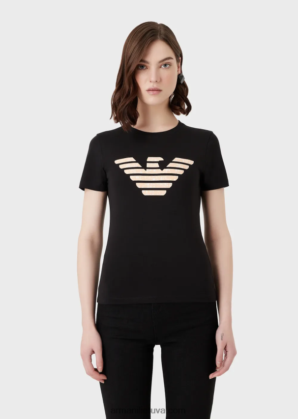 moterys juodas Armani tamprūs marškinėliai su per dideliu erelio raštu 02482X457