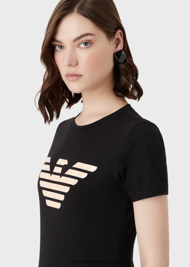 moterys juodas Armani tamprūs marškinėliai su per dideliu erelio raštu 02482X457