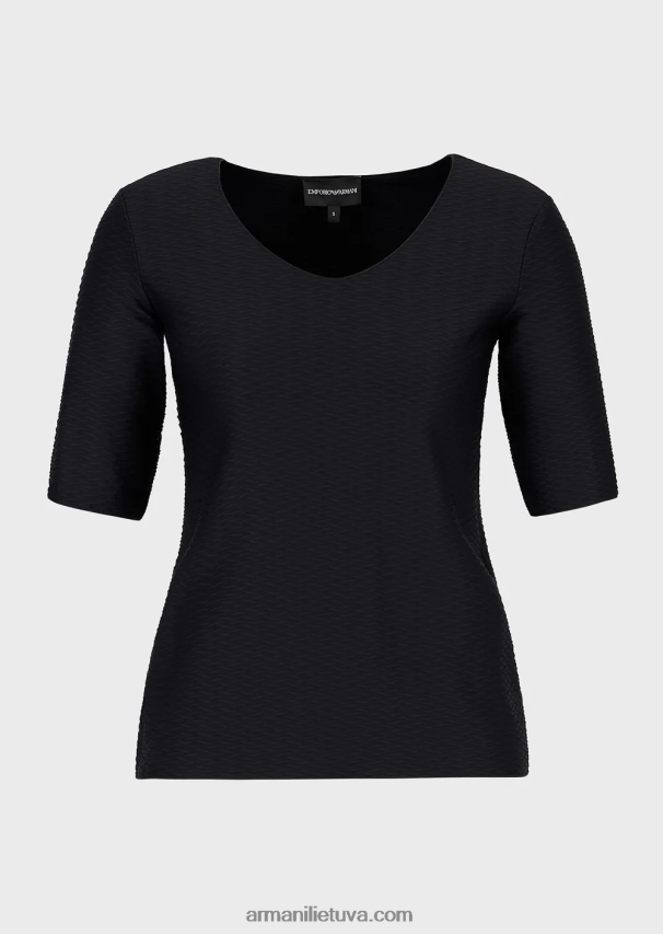 moterys juodas Armani tamprus žakardo nailono džemperis su V formos iškirpte 02482X478