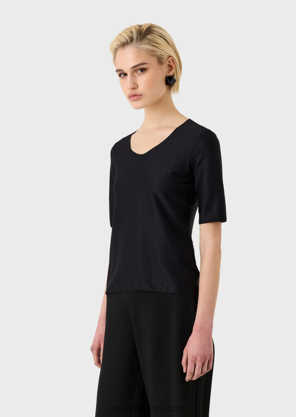 moterys juodas Armani tamprus žakardo nailono džemperis su V formos iškirpte 02482X478