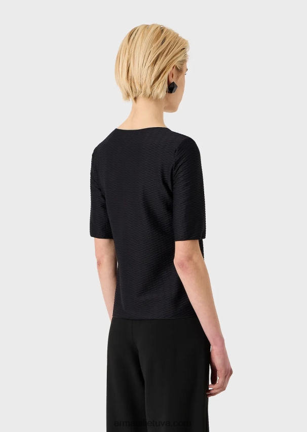 moterys juodas Armani tamprus žakardo nailono džemperis su V formos iškirpte 02482X478