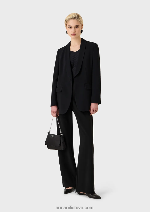 moterys juodas Armani tamprus žakardo nailono džemperis su V formos iškirpte 02482X478