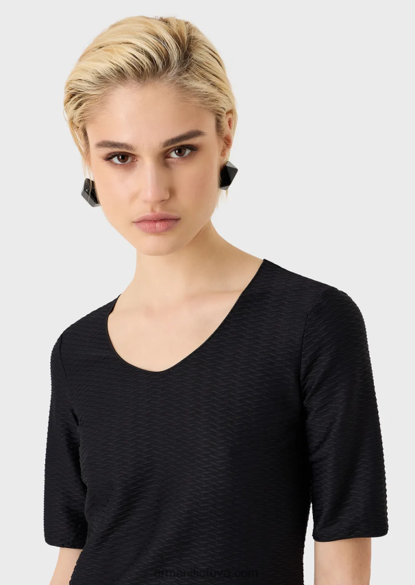 moterys juodas Armani tamprus žakardo nailono džemperis su V formos iškirpte 02482X478