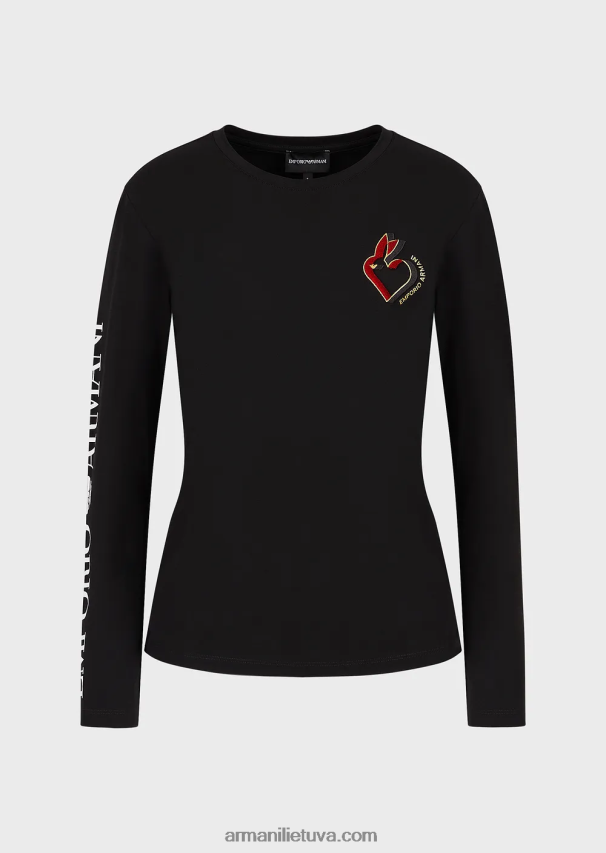 moterys juodas Armani tamprus džemperis su užrašais ir siuvinėjimais 02482X451