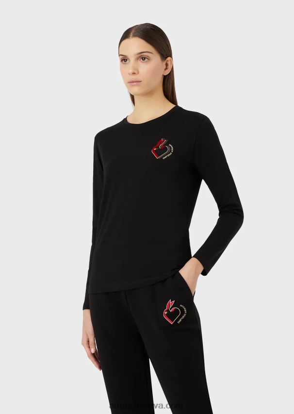 moterys juodas Armani tamprus džemperis su užrašais ir siuvinėjimais 02482X451