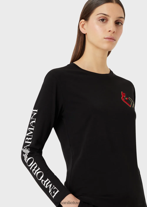 moterys juodas Armani tamprus džemperis su užrašais ir siuvinėjimais 02482X451