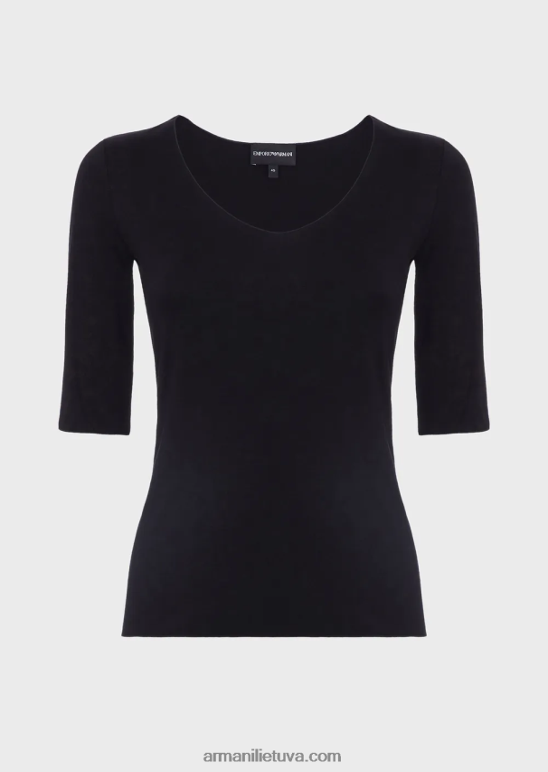 moterys juodas Armani viskozinis tamprus džemperis trijų ketvirčių ilgio rankovėmis 02482X481