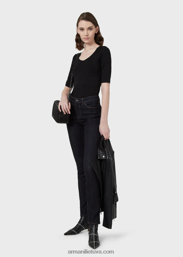 moterys juodas Armani viskozinis tamprus džemperis trijų ketvirčių ilgio rankovėmis 02482X481