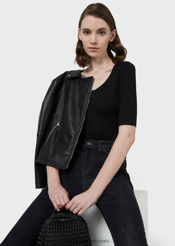 moterys juodas Armani viskozinis tamprus džemperis trijų ketvirčių ilgio rankovėmis 02482X481