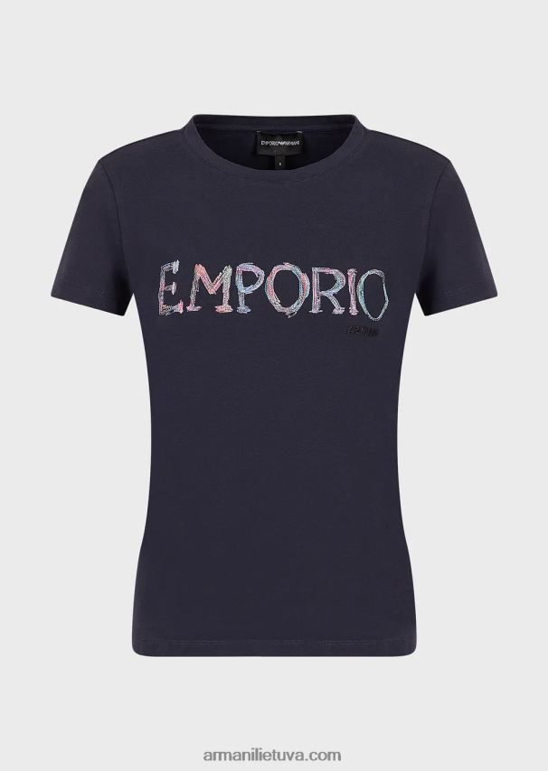 moterys mėlyna Armani ekologiški tamprūs marškinėliai su įvairiaspalviu logotipo siuvinėjimu 02482X462