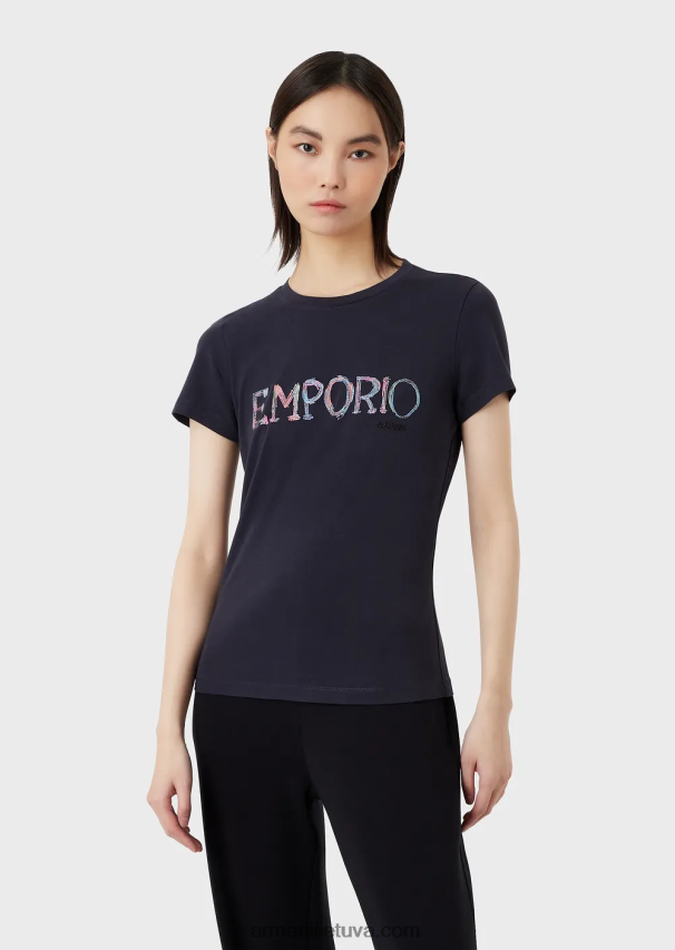 moterys mėlyna Armani ekologiški tamprūs marškinėliai su įvairiaspalviu logotipo siuvinėjimu 02482X462