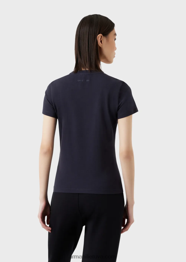 moterys mėlyna Armani ekologiški tamprūs marškinėliai su įvairiaspalviu logotipo siuvinėjimu 02482X462