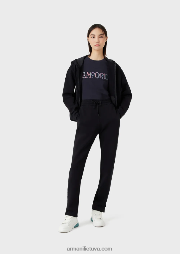 moterys mėlyna Armani ekologiški tamprūs marškinėliai su įvairiaspalviu logotipo siuvinėjimu 02482X462