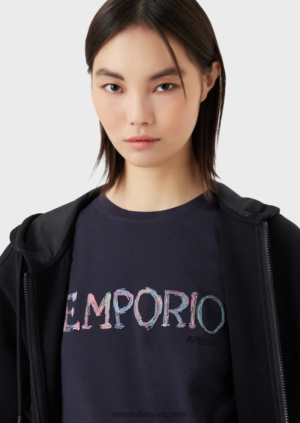 moterys mėlyna Armani ekologiški tamprūs marškinėliai su įvairiaspalviu logotipo siuvinėjimu 02482X462