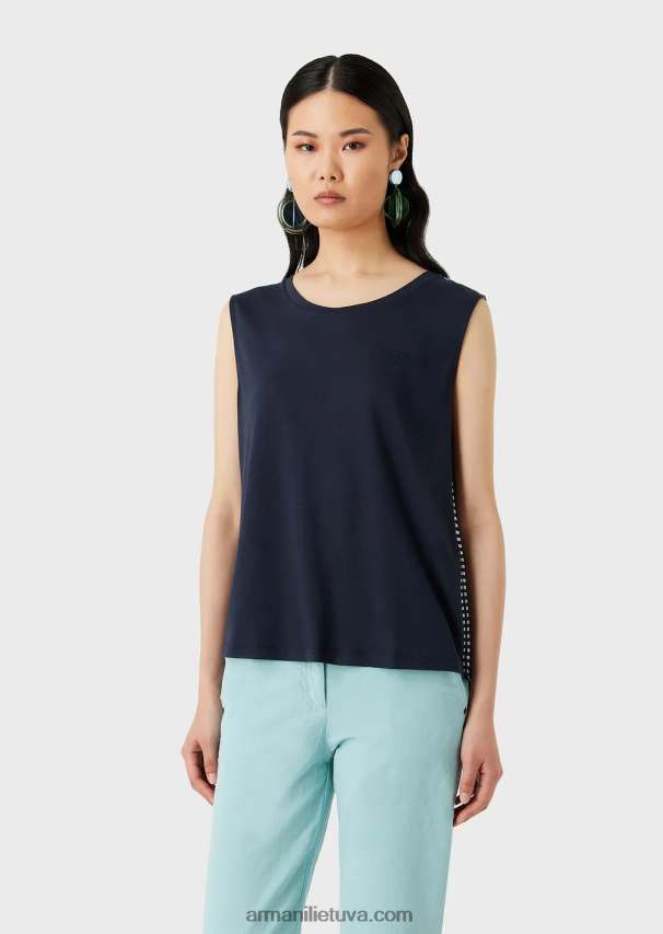 moterys mėlyna Armani minkštas ekologiškas trikotažas su logotipu ir spauda nugaroje 02482X428