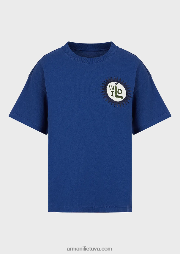 moterys mėlyna Armani tvarios kolekcijos ekologiški amerikietiško trikotažo marškinėliai su pleistru 02482X484