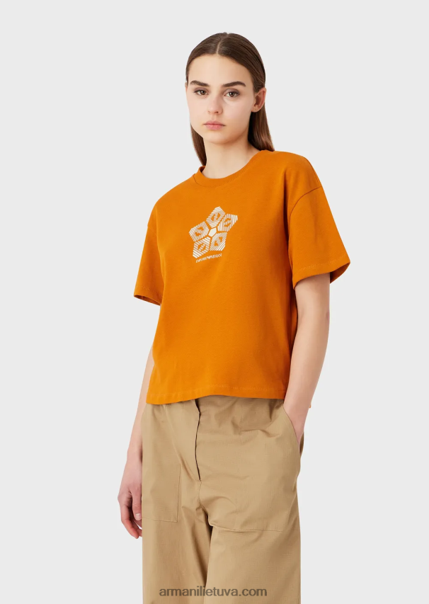 moterys oranžinė Armani Ekologiški amerikietiški marškinėliai su tvarios kolekcijos raštu 02482X482