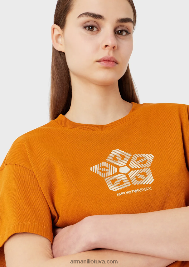 moterys oranžinė Armani Ekologiški amerikietiški marškinėliai su tvarios kolekcijos raštu 02482X482