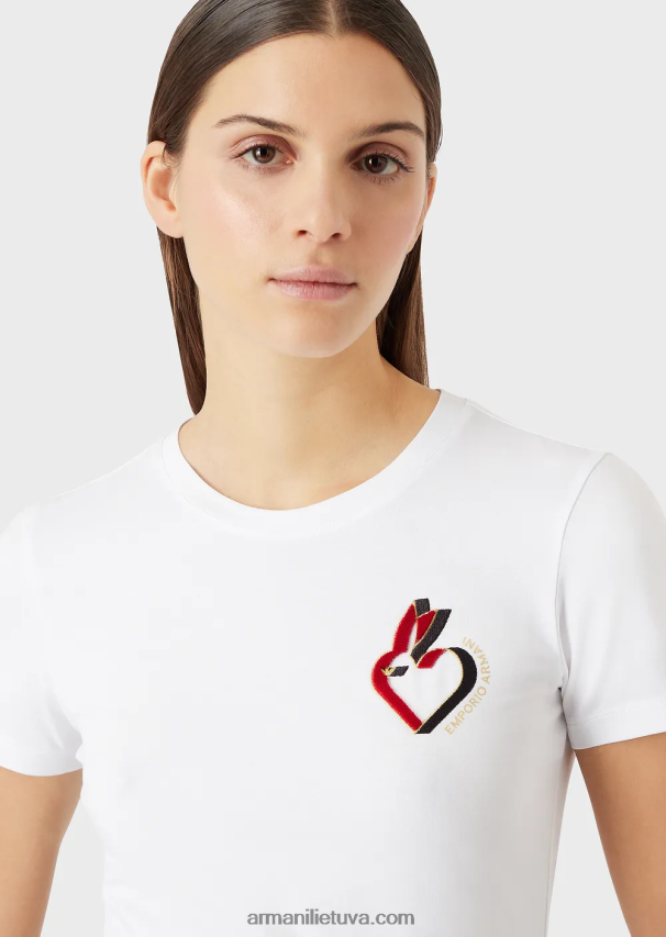 moterys raudona Armani tamprūs džersio marškinėliai su siuvinėjimais 02482X450