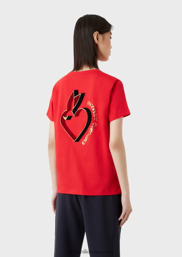 moterys raudona Armani trikotažiniai marškinėliai su didelių dydžių triušio siuvinėjimais 02482X447