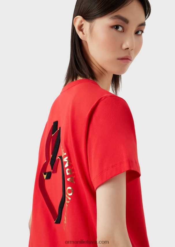 moterys raudona Armani trikotažiniai marškinėliai su didelių dydžių triušio siuvinėjimais 02482X447