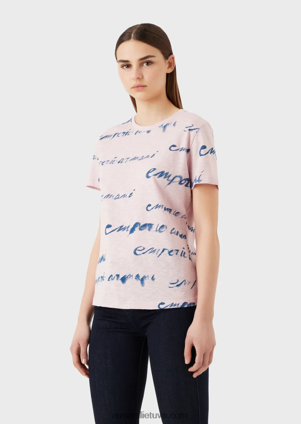 moterys rožinis Armani slub-jersey marškinėliai su logotipo spauda 02482X437