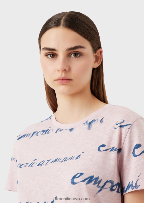 moterys rožinis Armani slub-jersey marškinėliai su logotipo spauda 02482X437