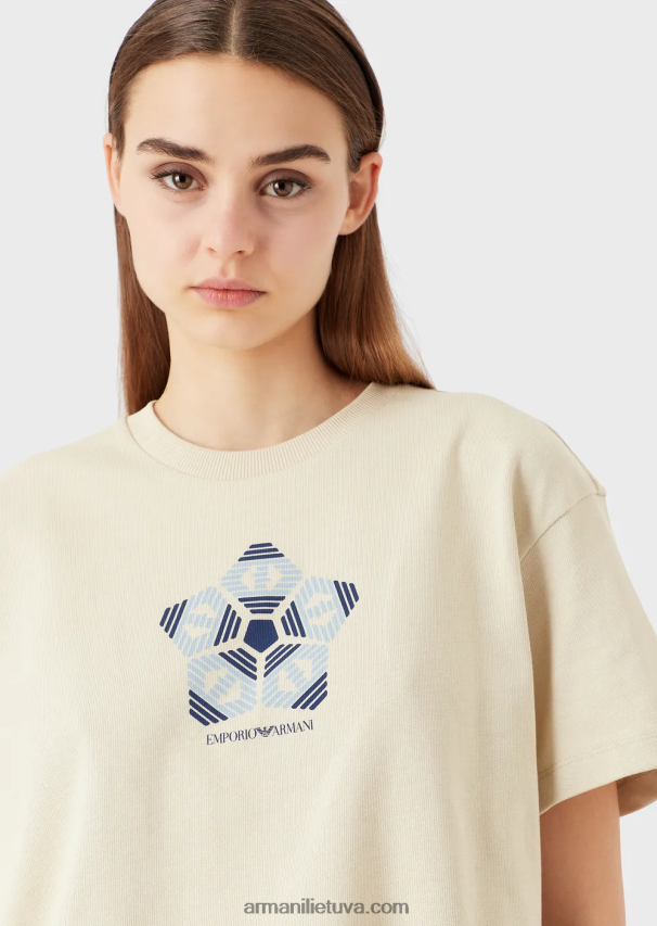 moterys smėlio spalvos Armani Ekologiški amerikietiški marškinėliai su tvarios kolekcijos raštu 02482X483