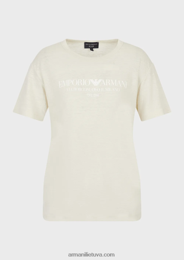 moterys smėlio spalvos Armani lino mišinio slub trikotažo marškinėliai su logotipu 02482X467