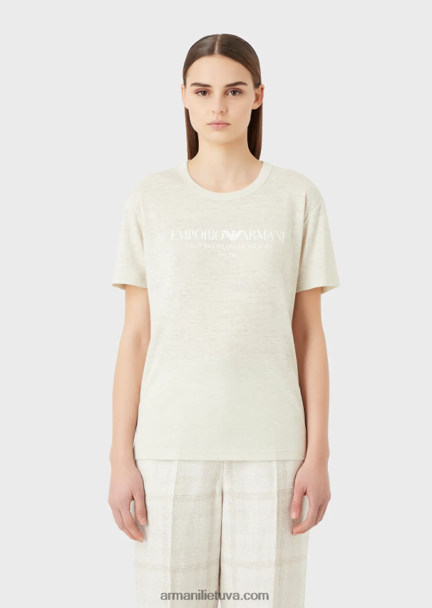 moterys smėlio spalvos Armani lino mišinio slub trikotažo marškinėliai su logotipu 02482X467