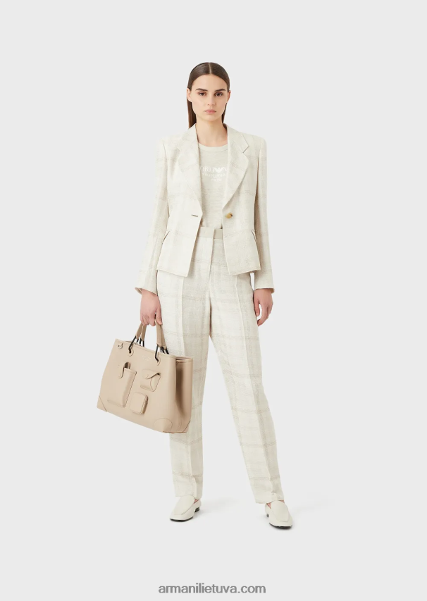 moterys smėlio spalvos Armani lino mišinio slub trikotažo marškinėliai su logotipu 02482X467